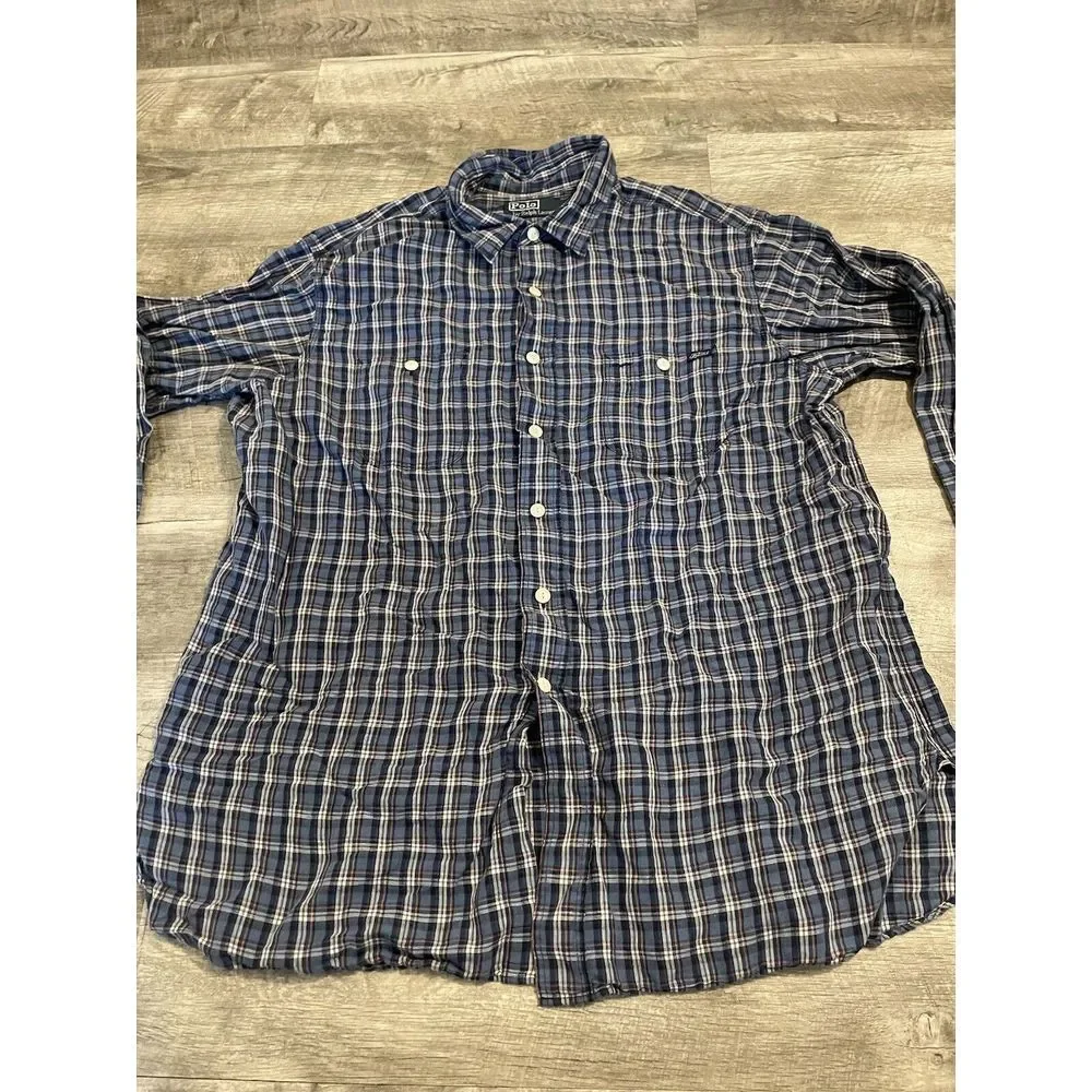 Polo Ralph Lauren Linen Button Up Shirt Men's XL Blue Plaid Breathable‎ Preppy - Picture 5 of 10